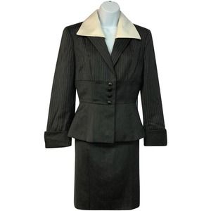 JACQUES FATH NEIMAN MARCUS CREME TRIM GRAY WOOL SKIRT SUIT 6